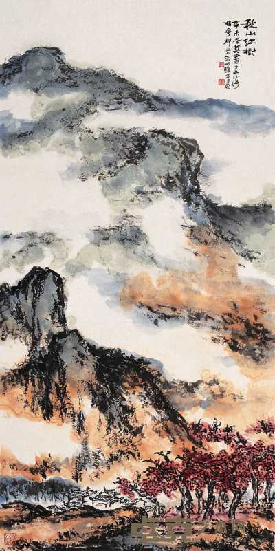 朱屺瞻 署年：辛未（1991） 秋山红树 镜心 138×69cm